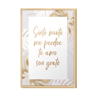 Quadro Decorativo com Frase Amor Gratidão Gold Floral Folhas Dourado Quarto parede Sala Hugart 20x30cm