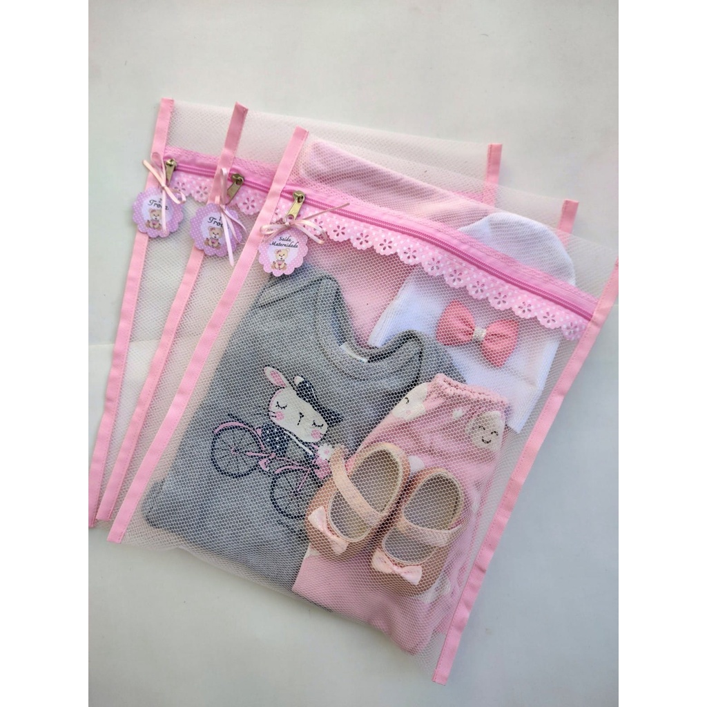 kit 3 saquinhos organizador maternidade com tag no papel fotográfico