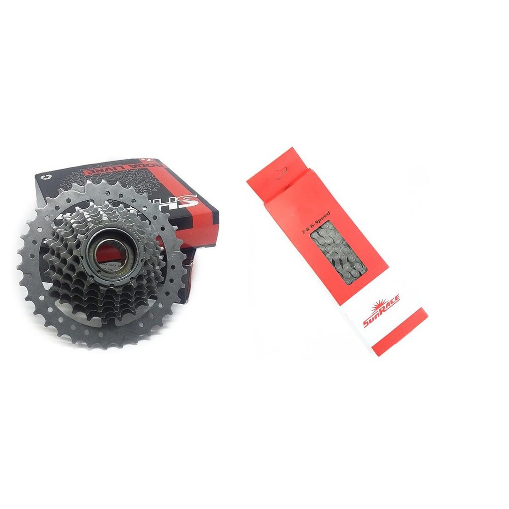 Catraca mega Range Roda Livre 7v Shiftech Index Rosca 14/34 Dentes + Corrente sunRace 7v