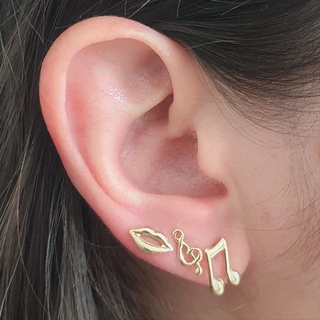 Brinco de Ouro 18K Banhado Brinco Ouro Folheado Semijoais Feminino Brincos cor Prata Ródio Branco 03 Brincos Rock Música,Clave de Sol e Boca