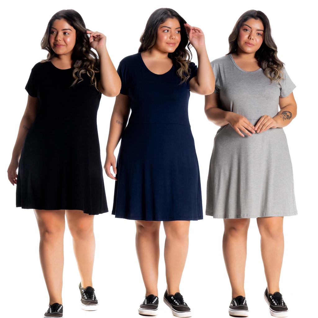 Vestido Plus Size Kit 3 Vestidos de Malha Tamanhos Grandes G1 G2 G3 G4 em Viscolycra 1146