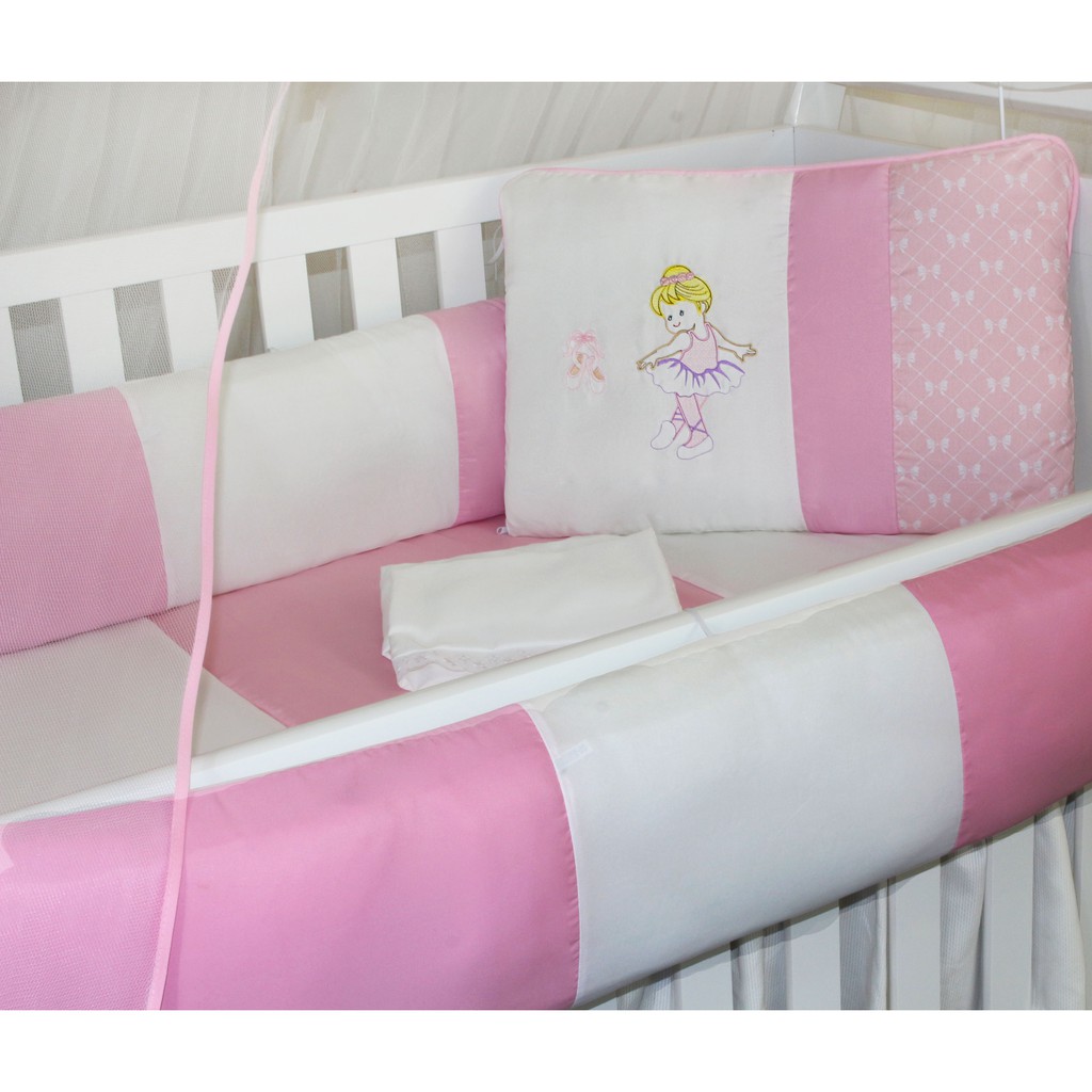 Kit Protetor de Berço Kids com Mosquiteiro Comum 7 peças Bailarina Rosa