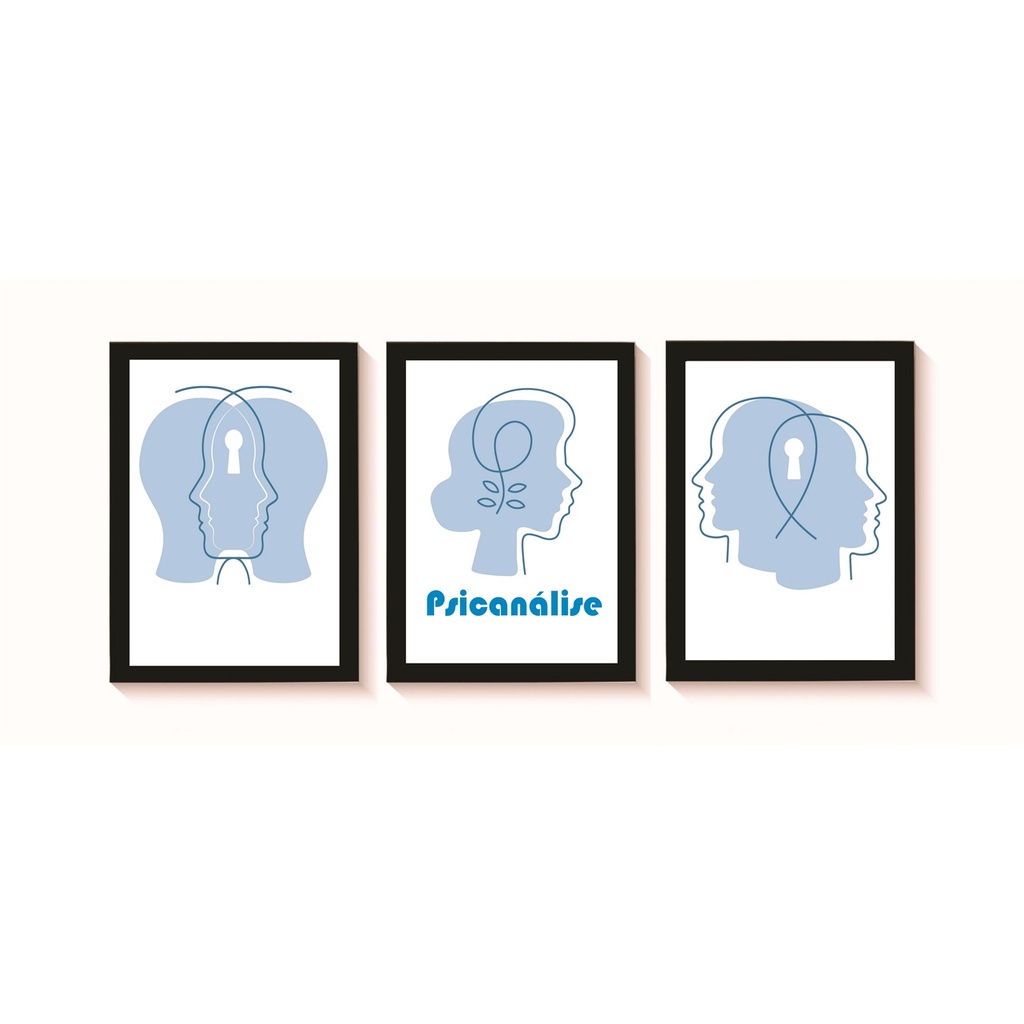 Kit 3 Quadros Decorativos Psicologia Psicanálise Consultório Molduras 20x30cm Madeira Vidro Pretas