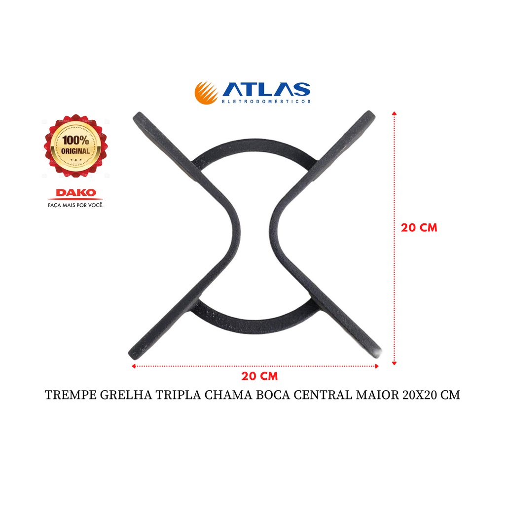 Trempe Grelha Tripla Chama Boca Central 20 X20 Cm Ferro Fundido Fogões Atlas E Dako Glass Mesa Vidro  100% Original