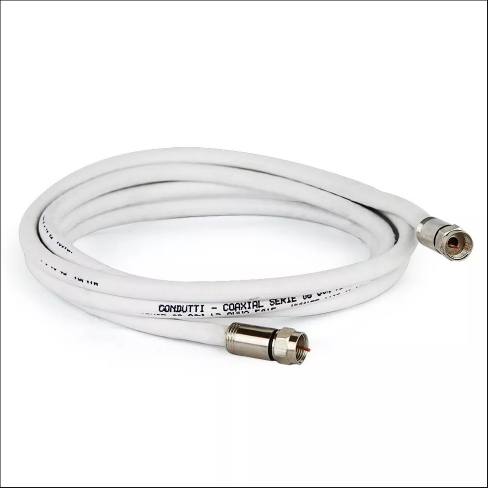 Cabo de antena coaxial RG6 75ohm conectorizado. Tamanho: 1 Metro. Conector F macho de rosca nas duas pontas. Pronto para uso.