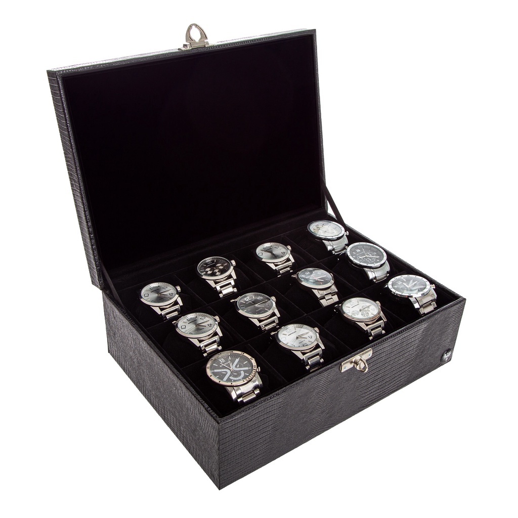 Porta Relógio Total Luxo Caixa Couro Ecológico 12 Nichos Maiores