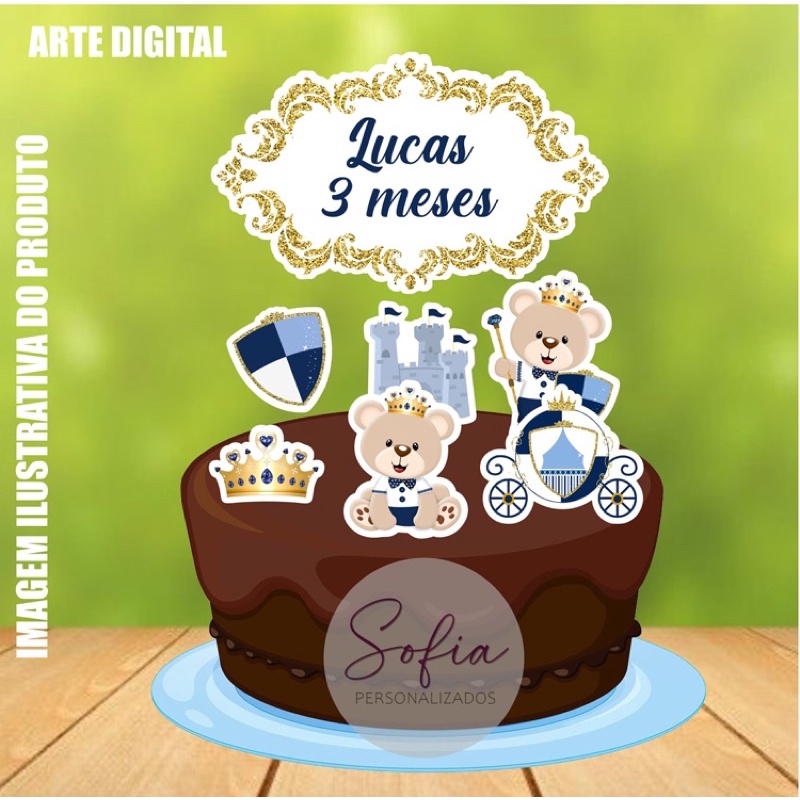 Topo de Bolo - Topper de Bolo Personalizado Aniversário Mesversario Urso Príncipe Azul Marinho