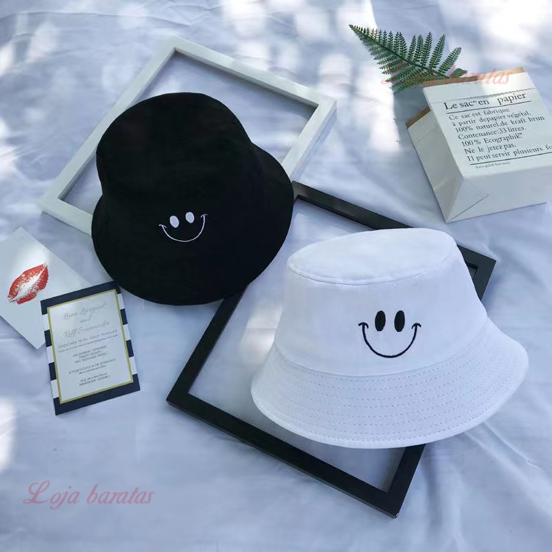 Bone Chapeu Bucket Hat Smile Sorriso Preto /Branco Top