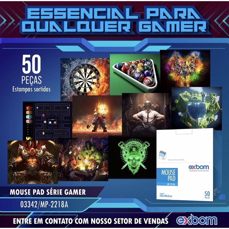 Kit 50 Mouse Pad Gamer 18x22cm Tecido e Borracha Estampas Caixa Fechada Atacado MP-2218A