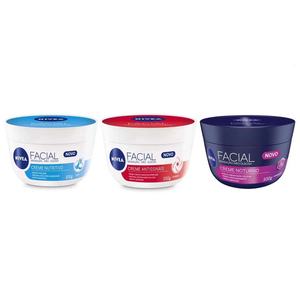 Kit Creme Facial Sensação Não Oleosa Nutritivo + Antissinais + Noturno 100g Nivea - 3 Itens - Beauty