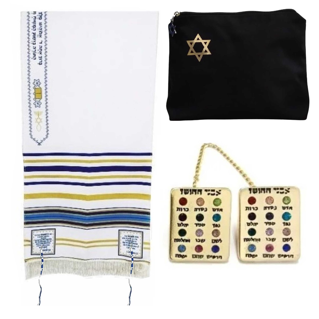 Talit Nacional Messiânico Estola Azul + Bolsa + Prendedor