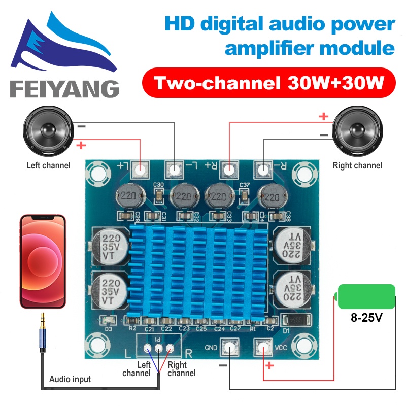 Tpa3110 Placa Amplificadora De Áudio Digital Estéreo Xh-A232 30w + 30w 2.0 Canais Dc 8-26v 3a