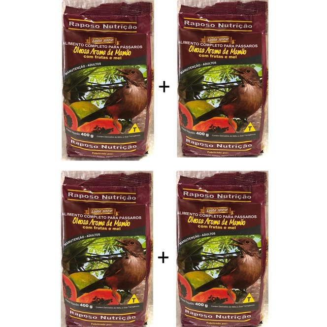 4 Pacote de Mistura para Sabiá e Pássaro Preto Oleosa Mamão 400gr - Ração Raposo Nutrição