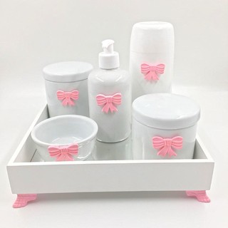 Kit Higiene Porcelana Diversos Temas Bandeja Mdf Espelho Rosa Garrafa Térmica Branca