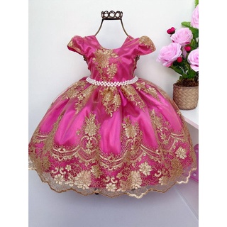 Vestido Infantil Pink Realeza Com A Renda Dourada Para Princesas, Casamentos, Festas, Formaturas E Daminhas