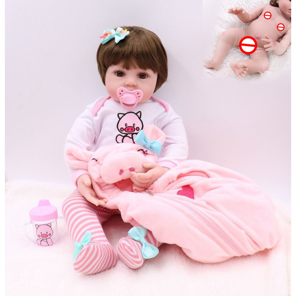 Boneca Bebe Baby Reborn Menina Em Silicone Com Vestido De Porco A Prova D Agua Para Banheira 48cm Shopee Brasil