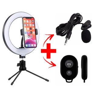 Kit YouTubers com Ring Light de 8 Polegadas com Suporte Vertical e Horizontal, microfone lapela e Controle de Selfie
