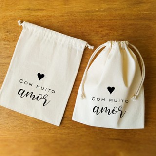 Saquinho de algodão cru KIT 5 UND "Com muito amor" em Oferta na Shopee
