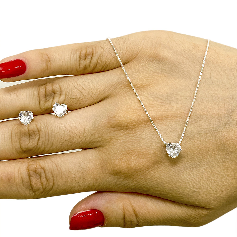 Kit Colar E Brinco Ponto De Luz Coração Folheado/Banhado Prata 925