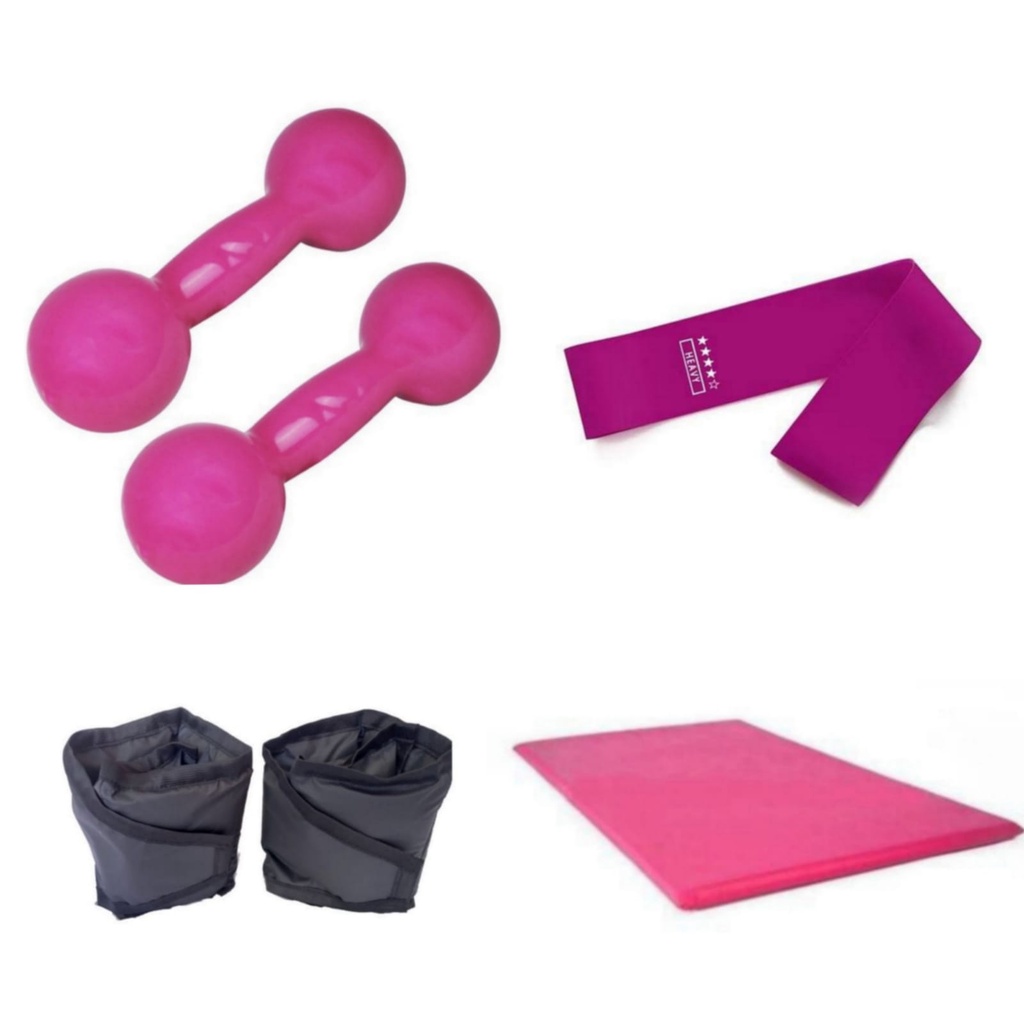 Kit Treino Aérobico Par Halter 3 Kg Rosa Emborrachado Funcional+ Par Caneleira 3 Kg + Colchonete + Elástico Theraband
