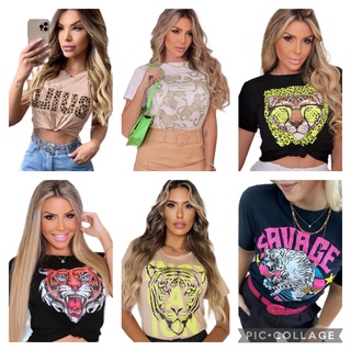 Blusinha Camiseta Tshirt Feminina Estampada Viscolycra Estilosa Blogueira Moda Tendência Luxo Estampa a escolher