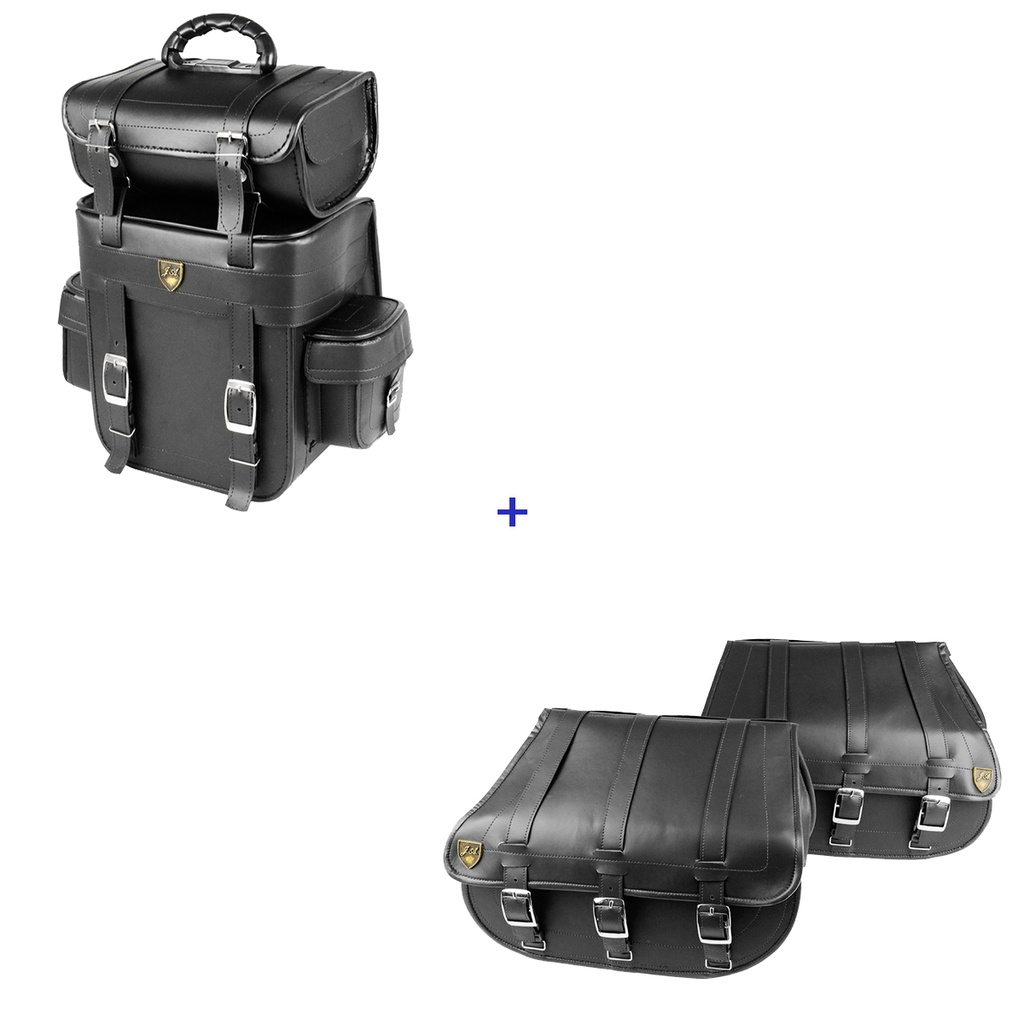 Kit Viagem Alforge Traseiro 25 Litros Couro Sintético Liso + Alforge Lateral 3F 25 Litros Couro Sintético Liso