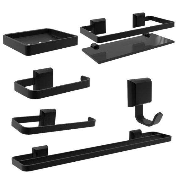 Kit De Acessórios Para Banheiro Black (preto) - Porta Shampoo 35cm E Porta Toalha Duplo- 6 Peças - Linha Luxo