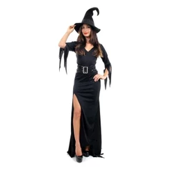 Fantasia Bruxa Medieval Feminina Longa de Luxo Com Chapéu