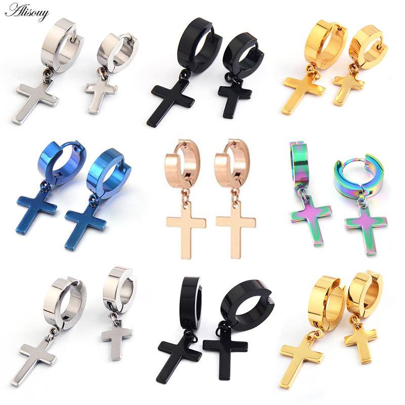 Alisouy 2 pçs brincos de gota de aço inoxidável feminino preto/prata cor cruz gótico punk rock estilo pendientes moda em Oferta na Shopee