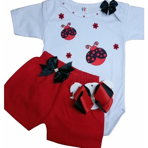 Conjunto Infantil Menina C/ Body Roupa Bebê E Shorts Joaninha