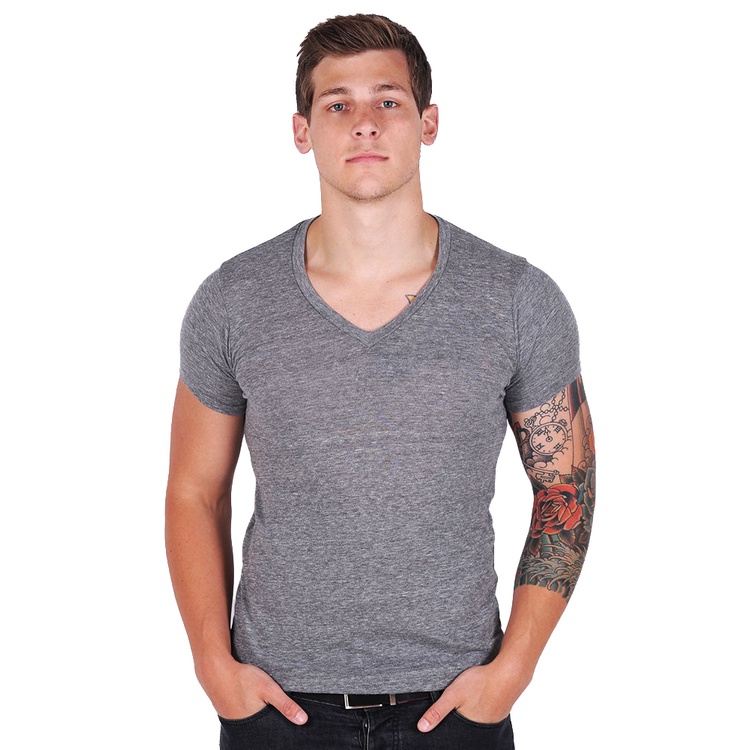 Camiseta Masculina Casual Em Malha Com Elastano Gola Em V Camiseta Básica Manga Curta