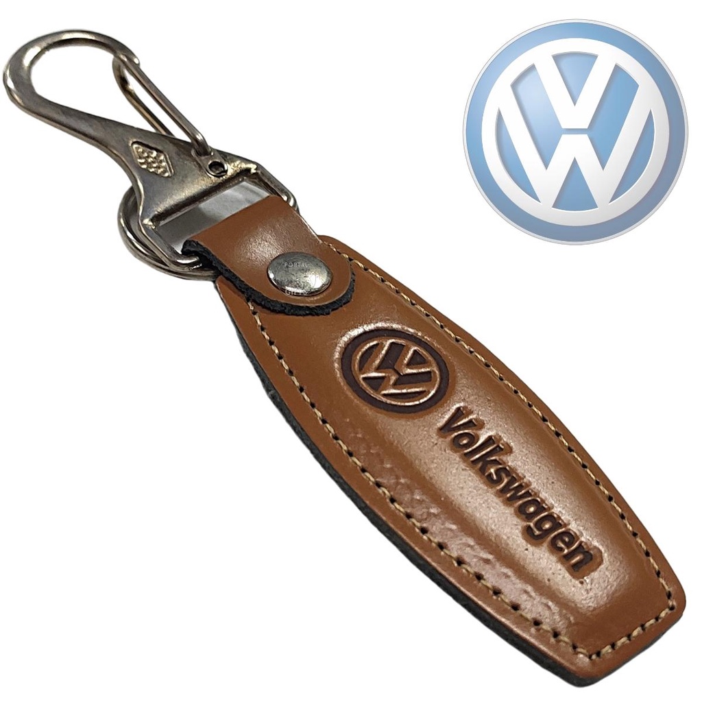 Chaveiro Volkswagen Couro Carro Mosquetão  Automotivo Timbrado Bege Marrom Caramelo