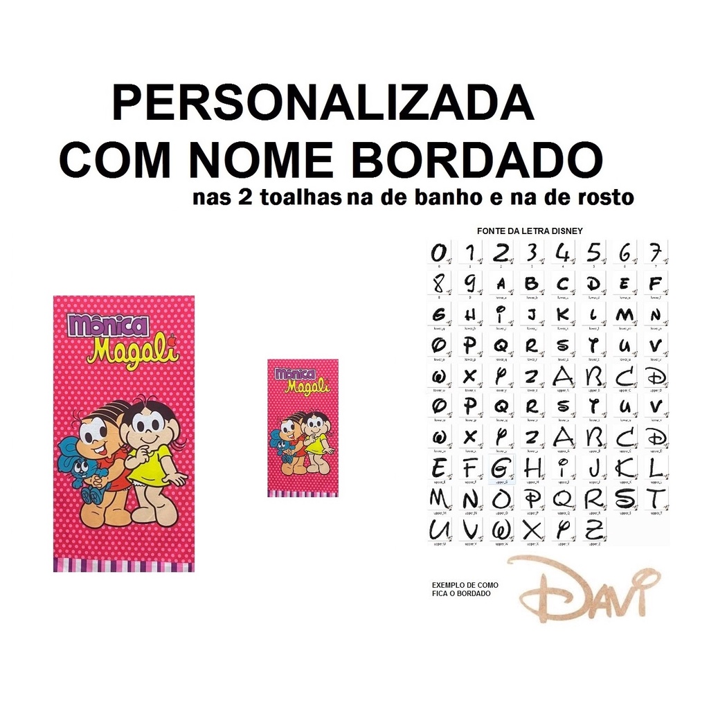 PERSONALIZADA NOME BORDADO kit Toalha de Banho Infantil Monica e Magali + Toalha de Rosto