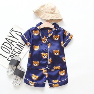 Conjunto De Pijama De Cetim De Manga Curta Com Desenho De Urso Para Crianças/Meninos/Meninas De Duas Peças 0-4 Anos em Oferta na Shopee