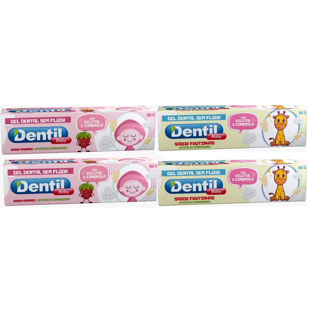 Kit 4 Creme Dental Dentil Baby Sem Flúor Com Xilitol 0-3 Anos Sabor Frutinha e Morango.
