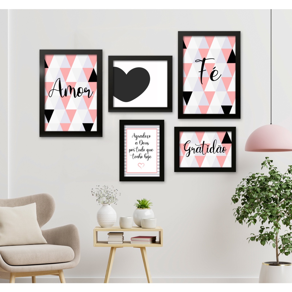 Kit Placas Quadros Decorativos para sua Casa abstrato Geometrico Flamingo Coração Rosa folhas