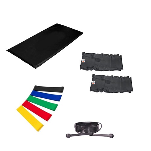 Kit Colchonete Preto + Par de Caneleira Tornozeleira De Peso 1kgs Profissional + 5 Mini Band Elástico para Exercícios + Corda de Pular Ajustável