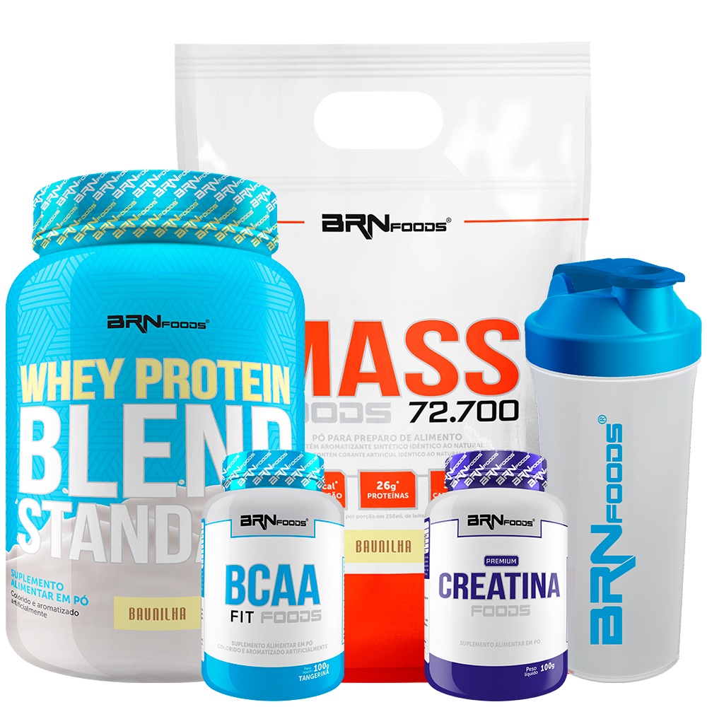 Kit Hipercalórico Size Mass 3kg + Whey Protein 900g + BCAA + Creatina 100g + Shaker - BRNFOODS