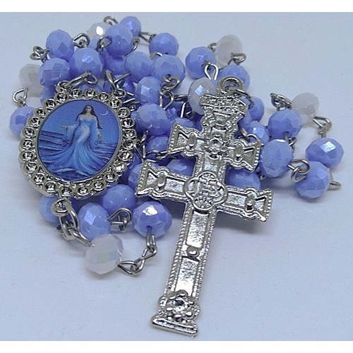 Terço Iemanjá - Azul Leitoso Entremeio Strass E Cruzeiro