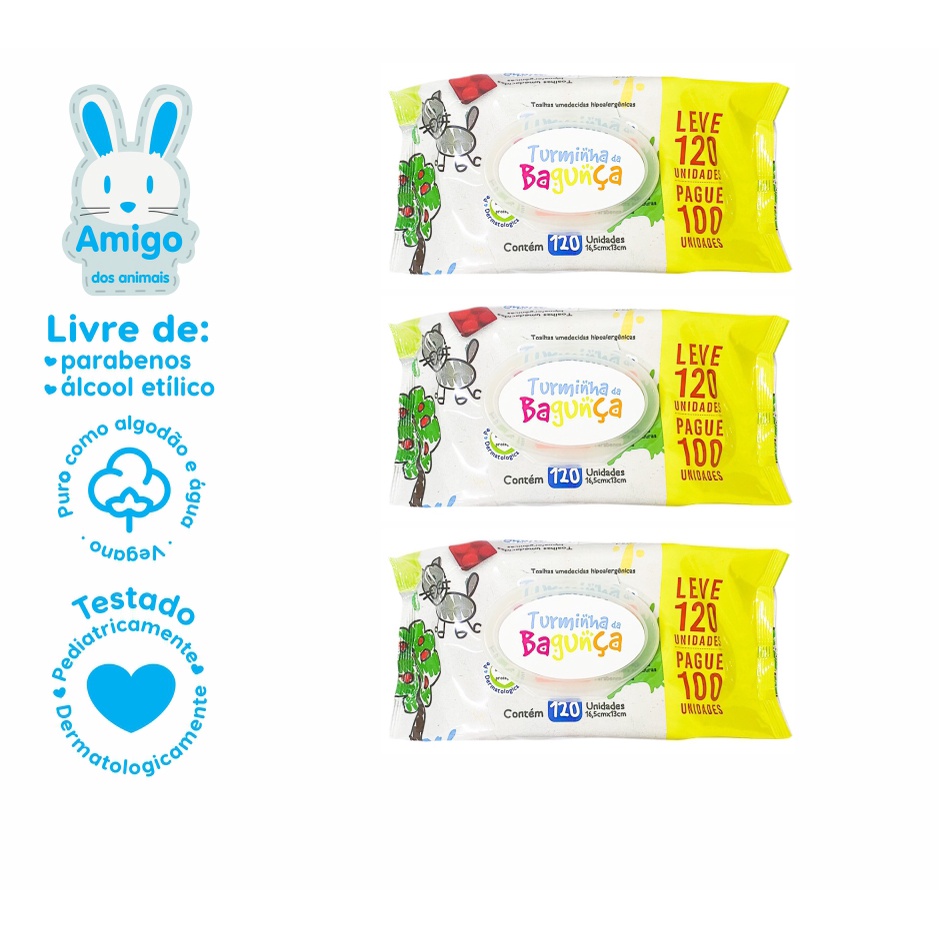 Kit 03 Pacotes Toalhas Umedecidas TURMINHA DA BAGUNÇA- 120 folhas 19x13cm com Tampa