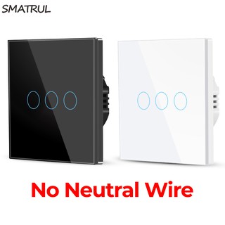 SMATRUL Touch switch light wall light switch 86 type 1/2 / 3gang black/white tempered glass panel 110-240V(No need neutral line)
