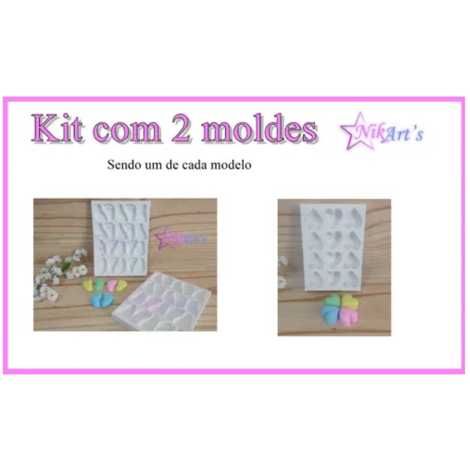 Kit com 2 Moldes, forma de Silicone (1 Mod. Pezinho 20 Cav e 1 Mod. Mini Corações 12 Cav)