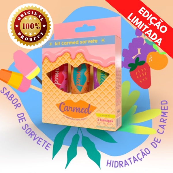 Kit Carmed Hidratante Labial EDIÇÃO ESPECIAL c/ 3 und - 10g cada. Sabores: Morango, Tangerina e Uva. Com Manteiga de Cacau.