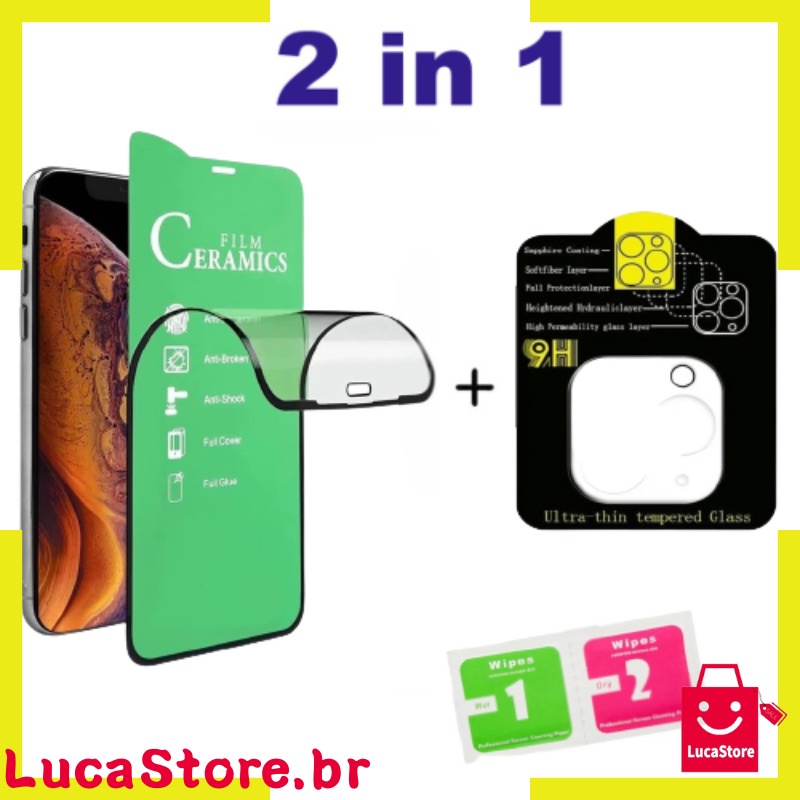 Kit Película Cerâmica Flexivel 3D + Película Câmera iPhone 11 / 12 / 13 Toda linha Combo 2 em 1 -Em Estoque