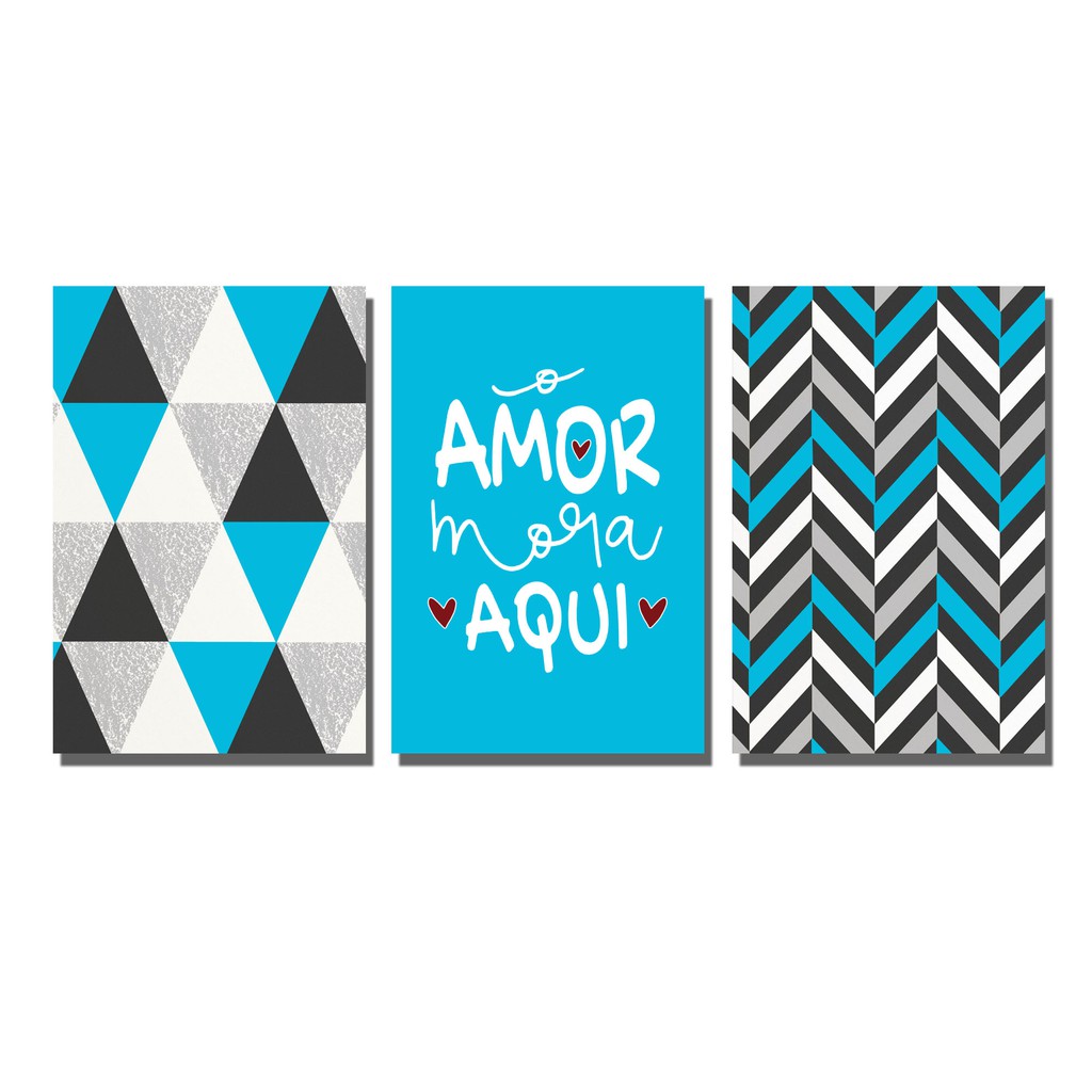 Quadro Decorativo Amor Geométrico Triângulos Abstrato Azul Turquesa Moderno Hipster Clean