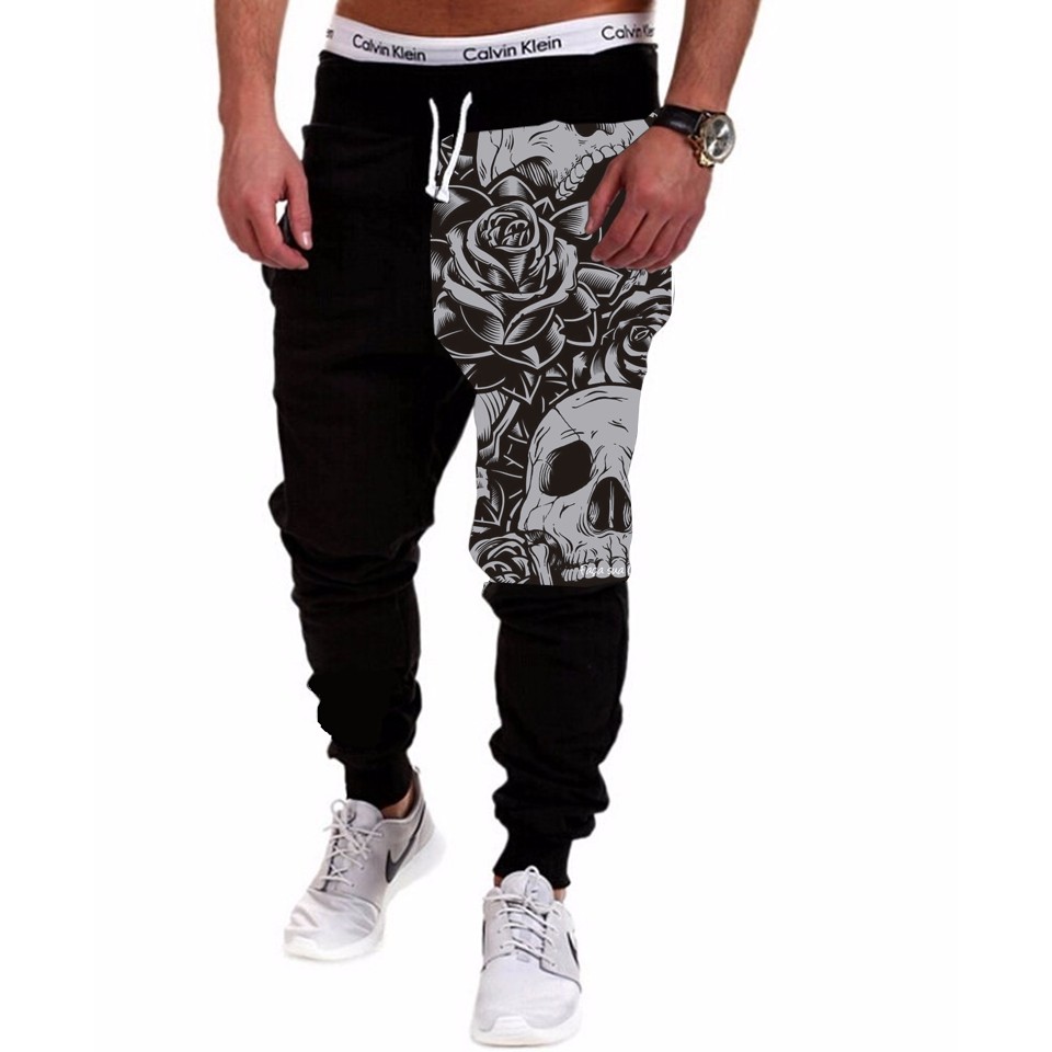 Calça Masculina de Moletom Estampado por Sublimação Caveira e Rosa P&B Desenho A163