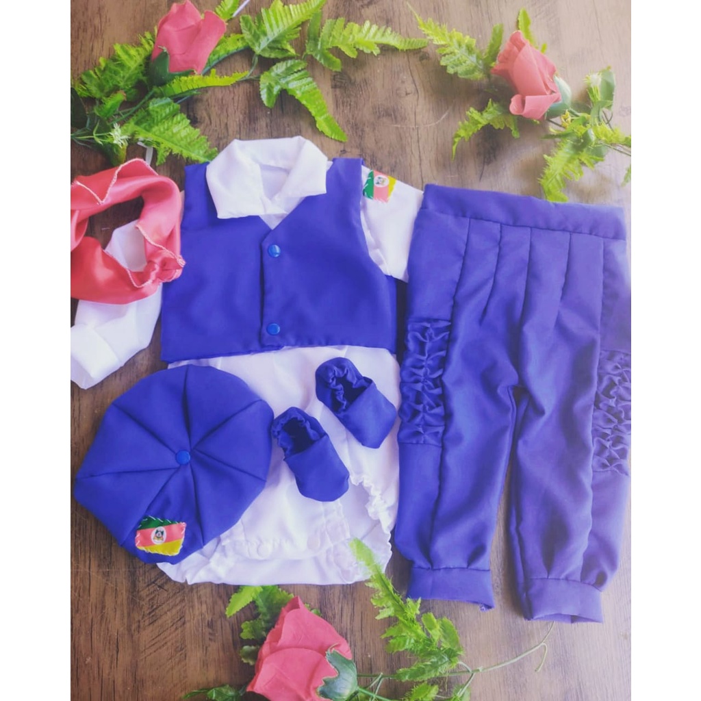 Pilcha de Gaúcho Infantil Azul Royal-> Bombacha, Body, Colete, lenço, boina e alpagarta