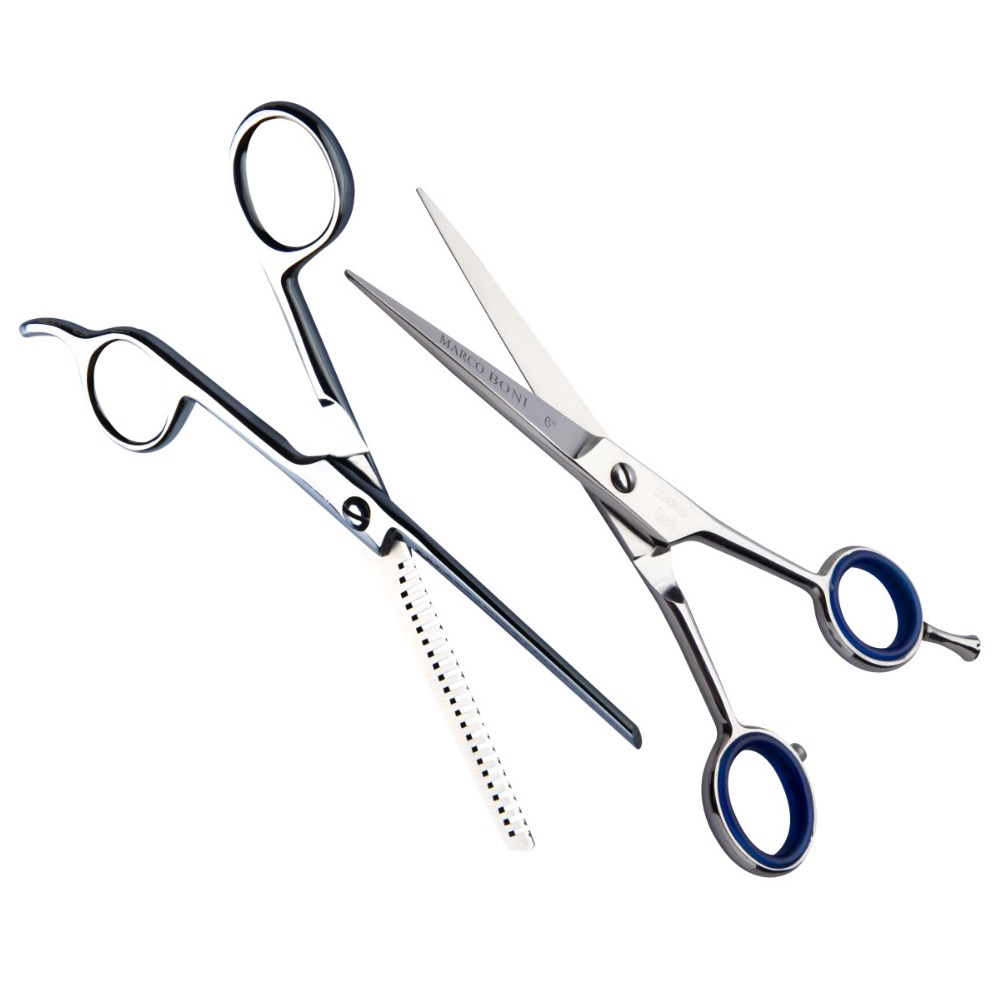 Kit 1 Tesoura Desfiadeira 6' 1 Tesoura Fio Liso Tipo Navalha 6" Marco Boni