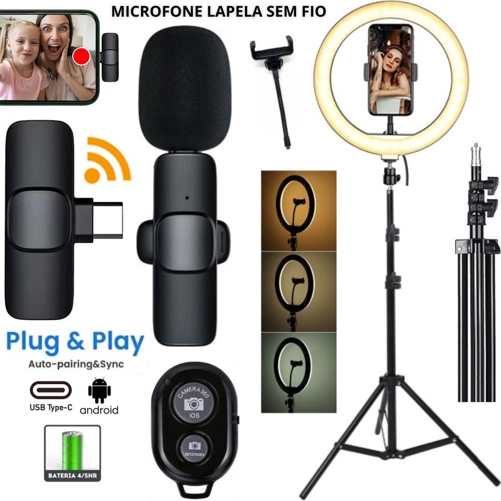 Kit Microfone Sem Fio Tipo-C Wireless + Ring Light Luz Tripé Filmagem No Celular Vídeo Aula Blog