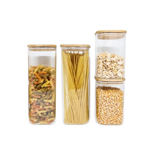 Kit 4 Potes De Vidro Mantimentos Quad 1900/1100ml C/tampa Bambu - Oikos